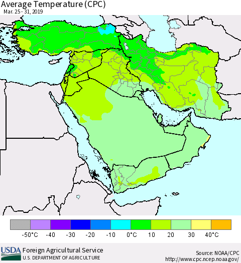 Middle East and Turkey Average Temperature (CPC) Thematic Map For 3/25/2019 - 3/31/2019