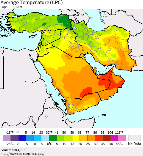 Middle East and Turkey Average Temperature (CPC) Thematic Map For 4/1/2019 - 4/7/2019