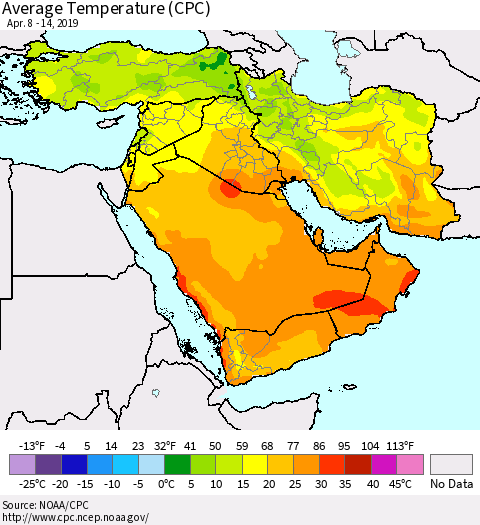 Middle East and Turkey Average Temperature (CPC) Thematic Map For 4/8/2019 - 4/14/2019