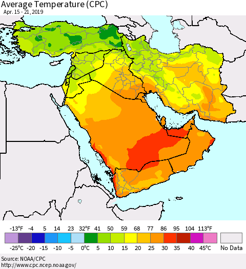 Middle East and Turkey Average Temperature (CPC) Thematic Map For 4/15/2019 - 4/21/2019