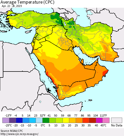 Middle East and Turkey Average Temperature (CPC) Thematic Map For 4/22/2019 - 4/28/2019