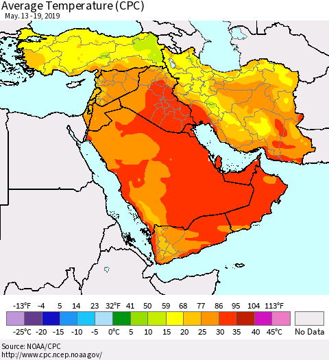 Middle East and Turkey Average Temperature (CPC) Thematic Map For 5/13/2019 - 5/19/2019