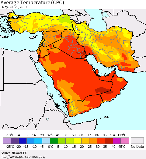 Middle East and Turkey Average Temperature (CPC) Thematic Map For 5/20/2019 - 5/26/2019