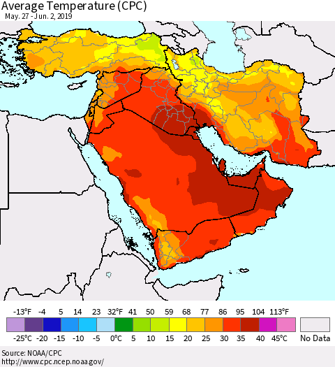 Middle East and Turkey Average Temperature (CPC) Thematic Map For 5/27/2019 - 6/2/2019