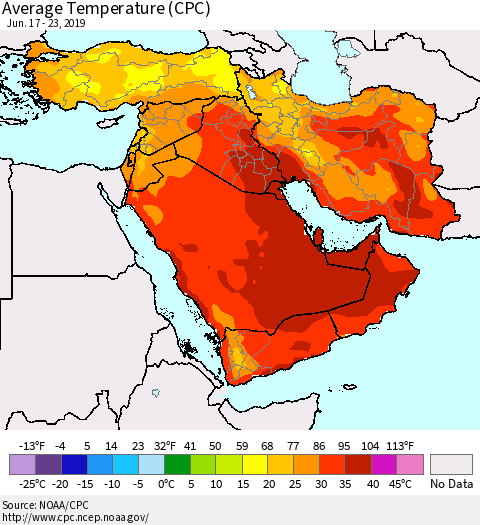 Middle East and Turkey Average Temperature (CPC) Thematic Map For 6/17/2019 - 6/23/2019