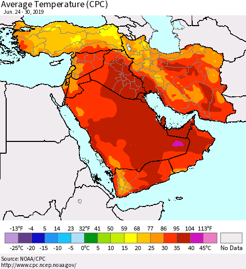 Middle East and Turkey Average Temperature (CPC) Thematic Map For 6/24/2019 - 6/30/2019