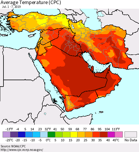 Middle East and Turkey Average Temperature (CPC) Thematic Map For 7/1/2019 - 7/7/2019