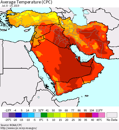 Middle East and Turkey Average Temperature (CPC) Thematic Map For 7/8/2019 - 7/14/2019