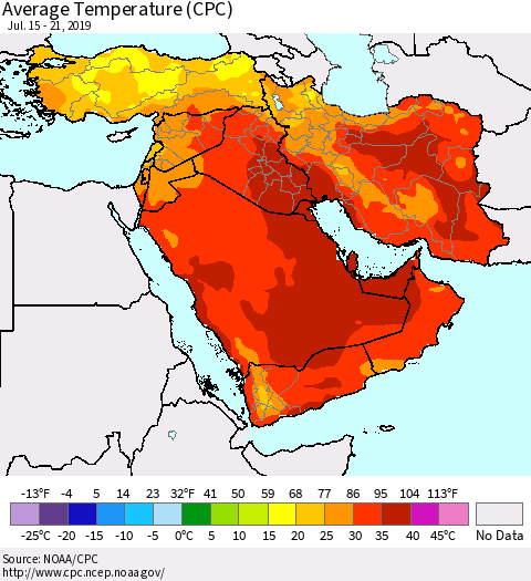 Middle East and Turkey Average Temperature (CPC) Thematic Map For 7/15/2019 - 7/21/2019