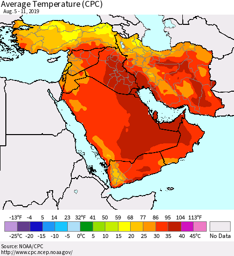 Middle East and Turkey Average Temperature (CPC) Thematic Map For 8/5/2019 - 8/11/2019