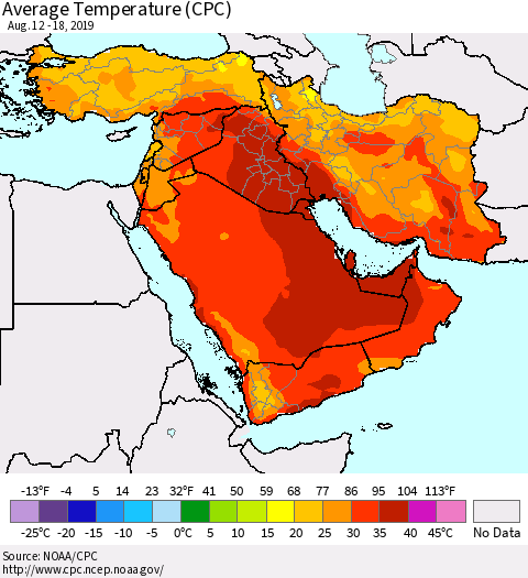 Middle East and Turkey Average Temperature (CPC) Thematic Map For 8/12/2019 - 8/18/2019