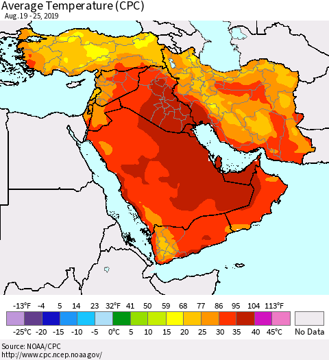 Middle East and Turkey Average Temperature (CPC) Thematic Map For 8/19/2019 - 8/25/2019