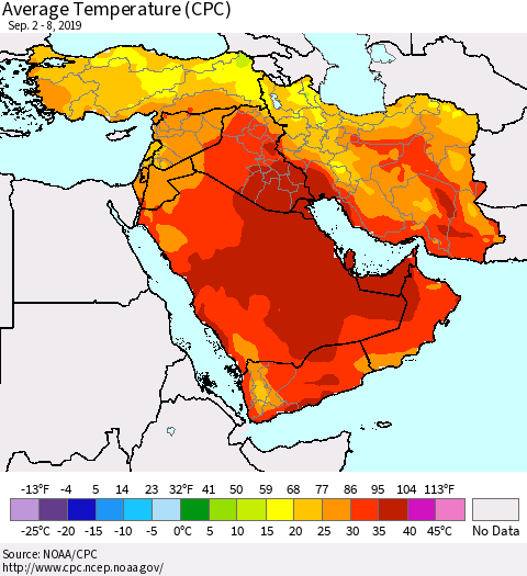 Middle East and Turkey Average Temperature (CPC) Thematic Map For 9/2/2019 - 9/8/2019