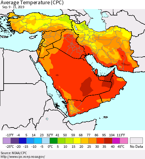 Middle East and Turkey Average Temperature (CPC) Thematic Map For 9/9/2019 - 9/15/2019