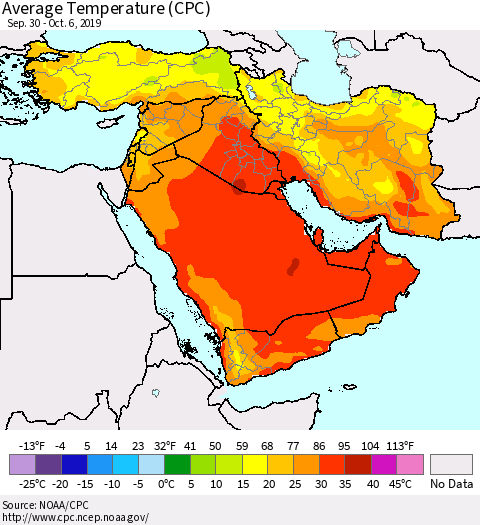 Middle East and Turkey Average Temperature (CPC) Thematic Map For 9/30/2019 - 10/6/2019