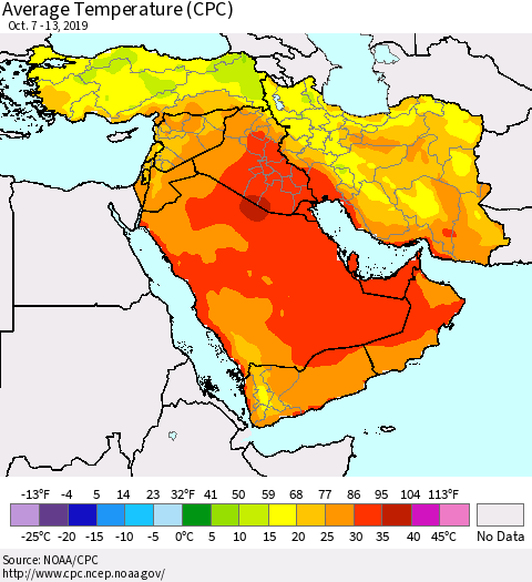 Middle East and Turkey Average Temperature (CPC) Thematic Map For 10/7/2019 - 10/13/2019