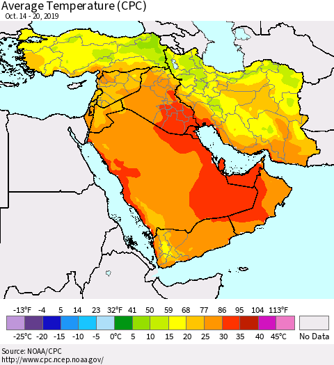 Middle East and Turkey Average Temperature (CPC) Thematic Map For 10/14/2019 - 10/20/2019
