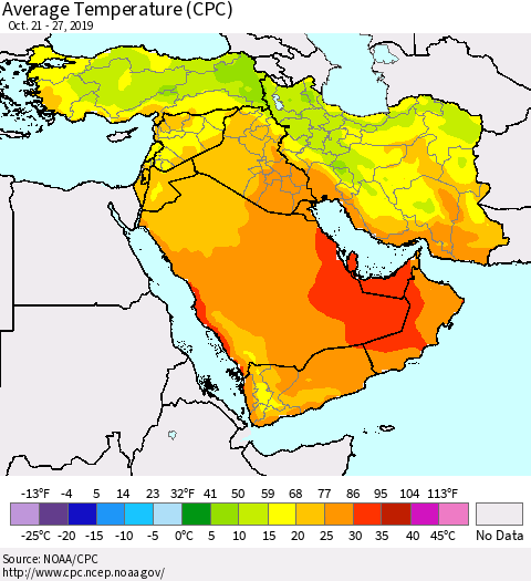 Middle East and Turkey Average Temperature (CPC) Thematic Map For 10/21/2019 - 10/27/2019