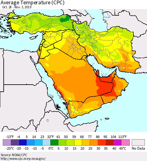 Middle East and Turkey Average Temperature (CPC) Thematic Map For 10/28/2019 - 11/3/2019