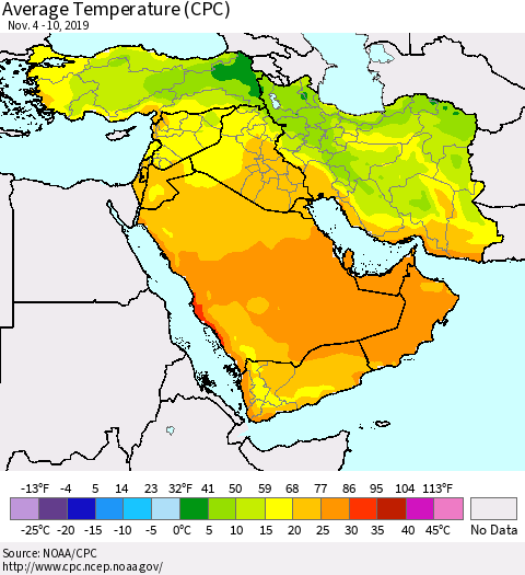 Middle East and Turkey Average Temperature (CPC) Thematic Map For 11/4/2019 - 11/10/2019