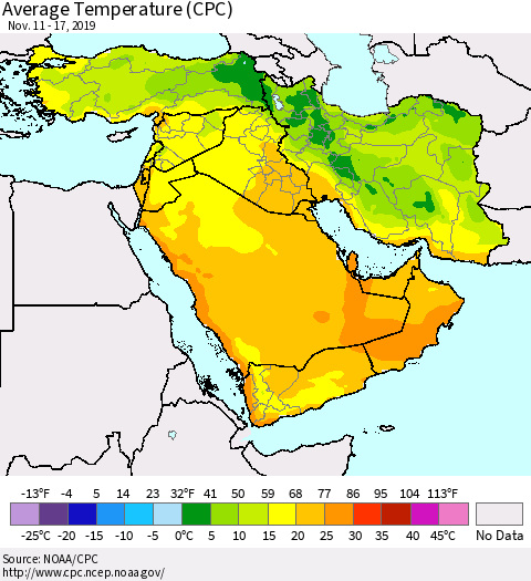 Middle East and Turkey Average Temperature (CPC) Thematic Map For 11/11/2019 - 11/17/2019