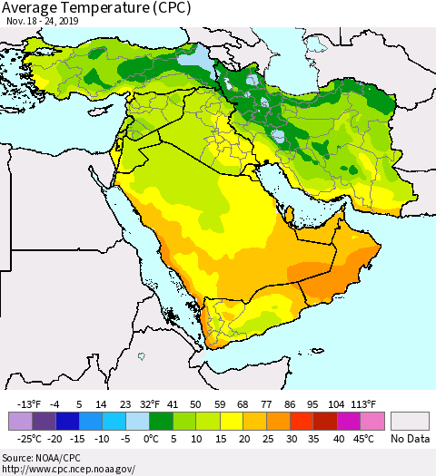 Middle East and Turkey Average Temperature (CPC) Thematic Map For 11/18/2019 - 11/24/2019