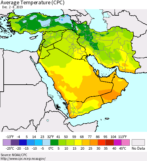 Middle East and Turkey Average Temperature (CPC) Thematic Map For 12/2/2019 - 12/8/2019