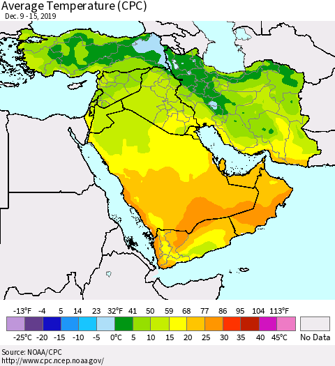 Middle East and Turkey Average Temperature (CPC) Thematic Map For 12/9/2019 - 12/15/2019