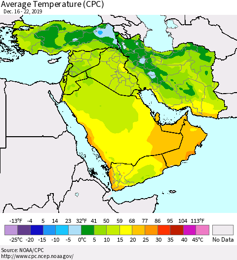 Middle East and Turkey Average Temperature (CPC) Thematic Map For 12/16/2019 - 12/22/2019