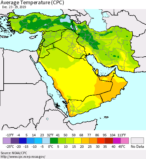 Middle East and Turkey Average Temperature (CPC) Thematic Map For 12/23/2019 - 12/29/2019