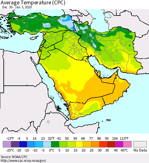 Middle East and Turkey Average Temperature (CPC) Thematic Map For 12/30/2019 - 1/5/2020