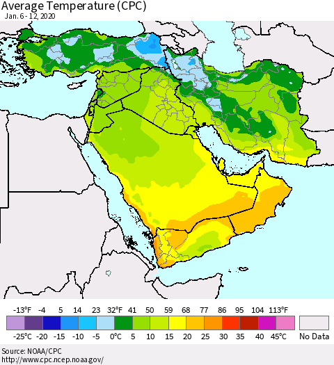 Middle East and Turkey Average Temperature (CPC) Thematic Map For 1/6/2020 - 1/12/2020
