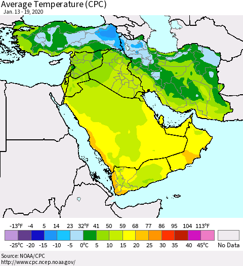 Middle East and Turkey Average Temperature (CPC) Thematic Map For 1/13/2020 - 1/19/2020