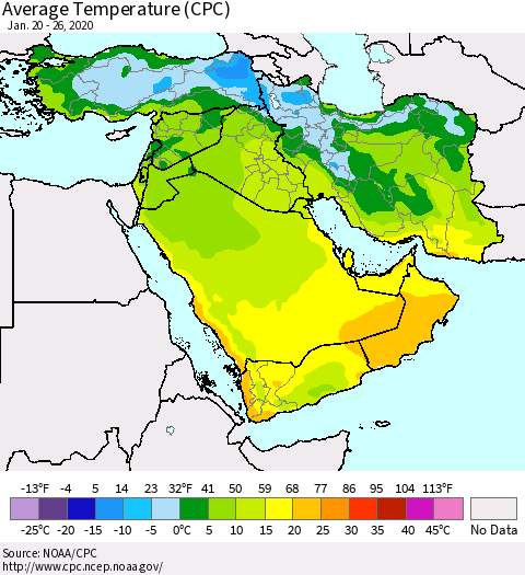Middle East and Turkey Average Temperature (CPC) Thematic Map For 1/20/2020 - 1/26/2020