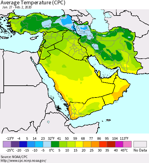 Middle East and Turkey Average Temperature (CPC) Thematic Map For 1/27/2020 - 2/2/2020