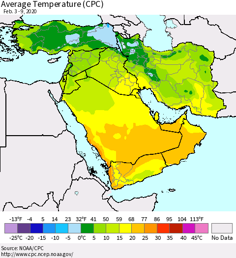 Middle East and Turkey Average Temperature (CPC) Thematic Map For 2/3/2020 - 2/9/2020