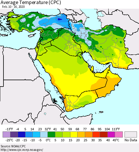 Middle East and Turkey Average Temperature (CPC) Thematic Map For 2/10/2020 - 2/16/2020