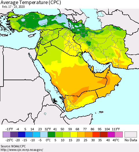 Middle East and Turkey Average Temperature (CPC) Thematic Map For 2/17/2020 - 2/23/2020
