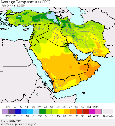 Middle East and Turkey Average Temperature (CPC) Thematic Map For 2/24/2020 - 3/1/2020