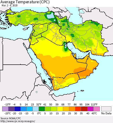 Middle East and Turkey Average Temperature (CPC) Thematic Map For 3/2/2020 - 3/8/2020