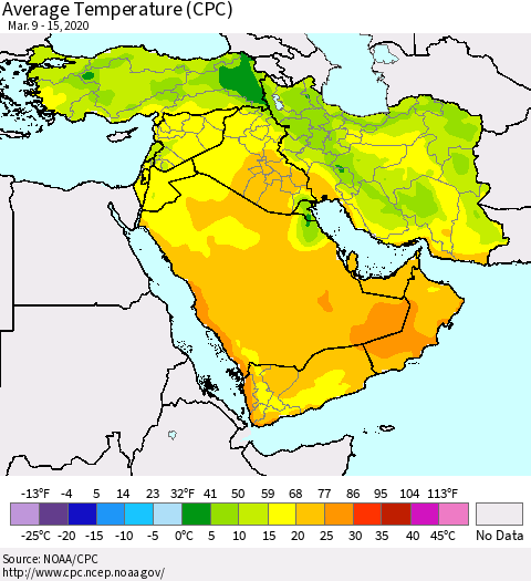 Middle East and Turkey Average Temperature (CPC) Thematic Map For 3/9/2020 - 3/15/2020