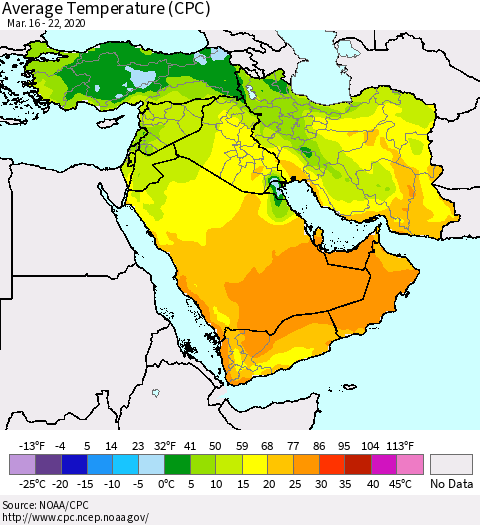 Middle East and Turkey Average Temperature (CPC) Thematic Map For 3/16/2020 - 3/22/2020