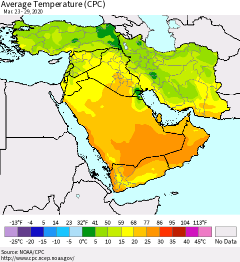 Middle East and Turkey Average Temperature (CPC) Thematic Map For 3/23/2020 - 3/29/2020