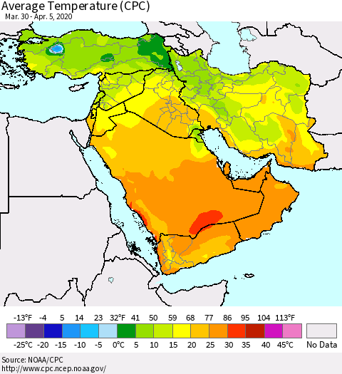 Middle East and Turkey Average Temperature (CPC) Thematic Map For 3/30/2020 - 4/5/2020