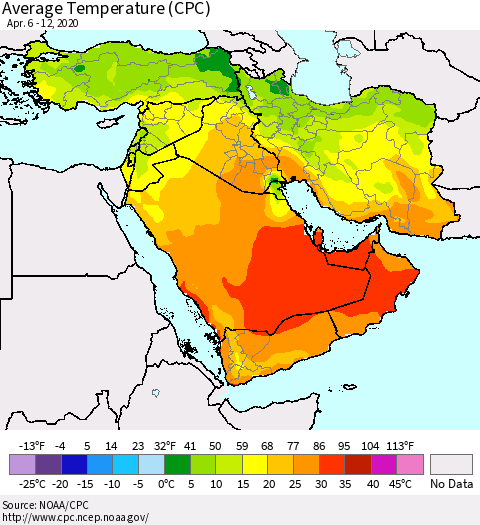 Middle East and Turkey Average Temperature (CPC) Thematic Map For 4/6/2020 - 4/12/2020