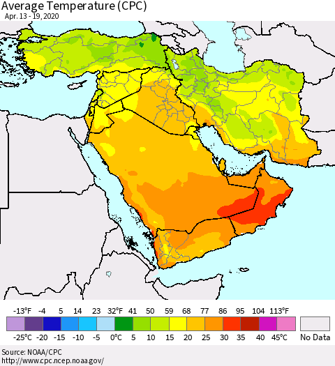 Middle East and Turkey Average Temperature (CPC) Thematic Map For 4/13/2020 - 4/19/2020