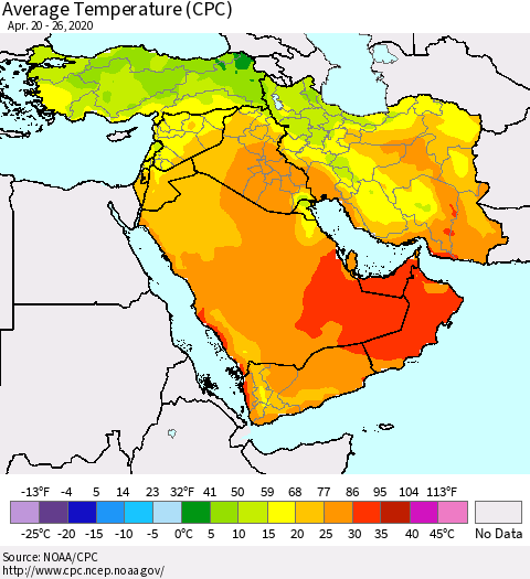 Middle East and Turkey Average Temperature (CPC) Thematic Map For 4/20/2020 - 4/26/2020