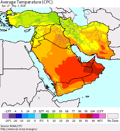 Middle East and Turkey Average Temperature (CPC) Thematic Map For 4/27/2020 - 5/3/2020