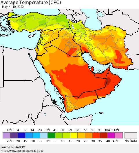 Middle East and Turkey Average Temperature (CPC) Thematic Map For 5/4/2020 - 5/10/2020