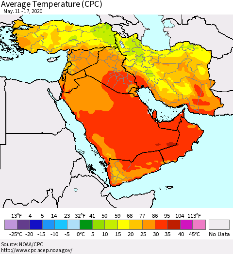 Middle East and Turkey Average Temperature (CPC) Thematic Map For 5/11/2020 - 5/17/2020